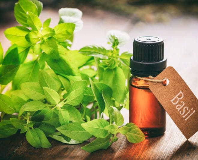 Essential oil bottle on a white cloth